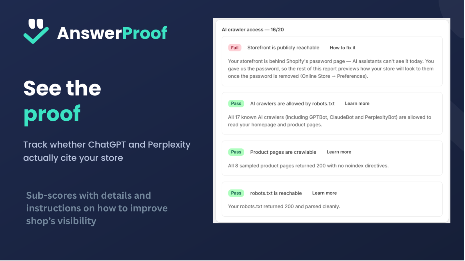 Sample AI crawler access checks with pass and fail results and fix guidance